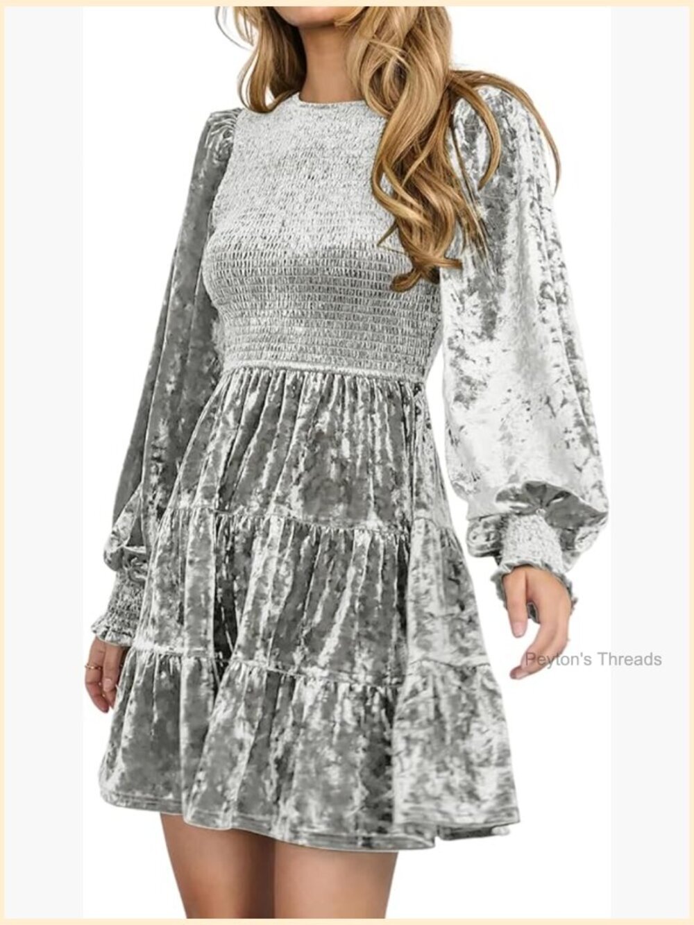 Crushed Velvet Long Sleeve A-Line Mini Dress with Smocked Top and Tiered Ruffle